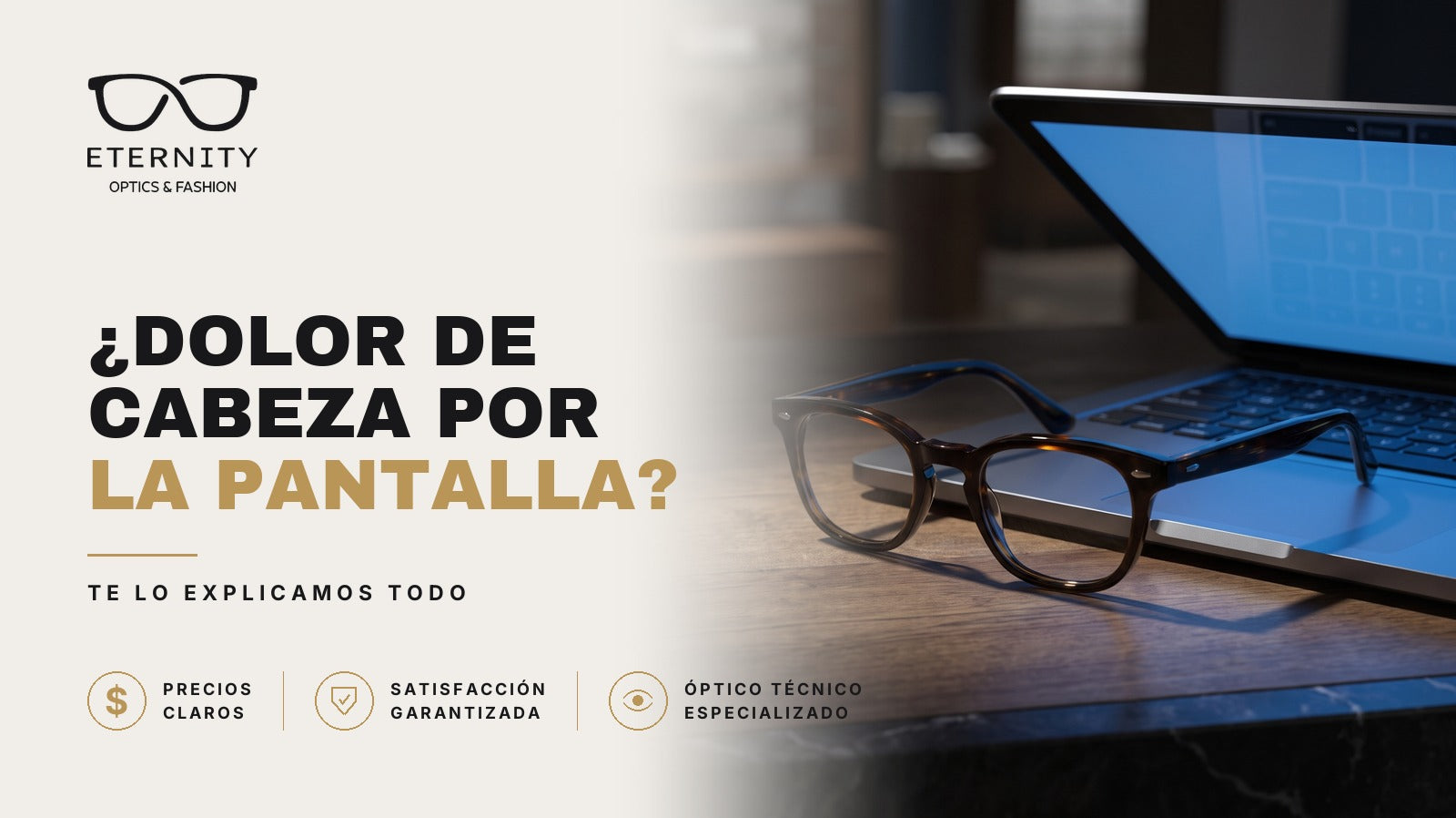 Armazón de lentes con filtro para pantallas en primer plano, con luz de estudio, en la nota de Eternity Óptica sobre el dolor de cabeza que provoca la computadora.
