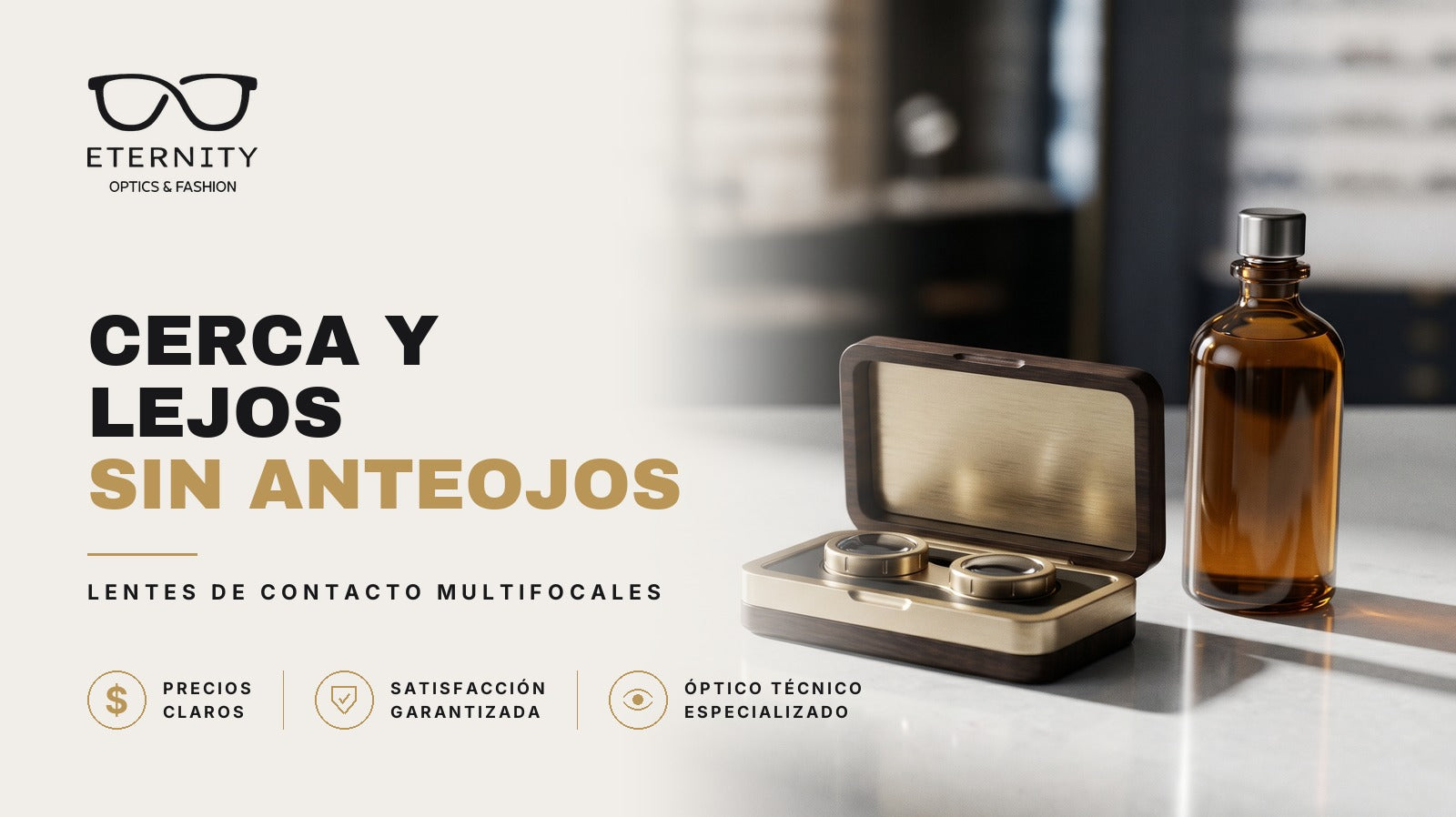 Lentes premium fotografiados en primer plano con luz de estudio, portada del artículo de Eternity Óptica sobre lentes de contacto multifocales: ver de cerca y de lejos sin anteojos.