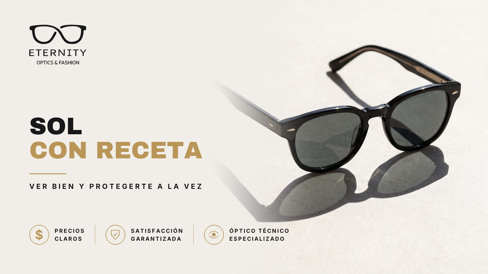 Portada de Eternity Óptica: lentes de sol de acetato negro con cristales verdes, en primer plano con luz de estudio y sombra marcada. Nota sobre lentes de sol con receta, para ver bien y protegerte a la vez.