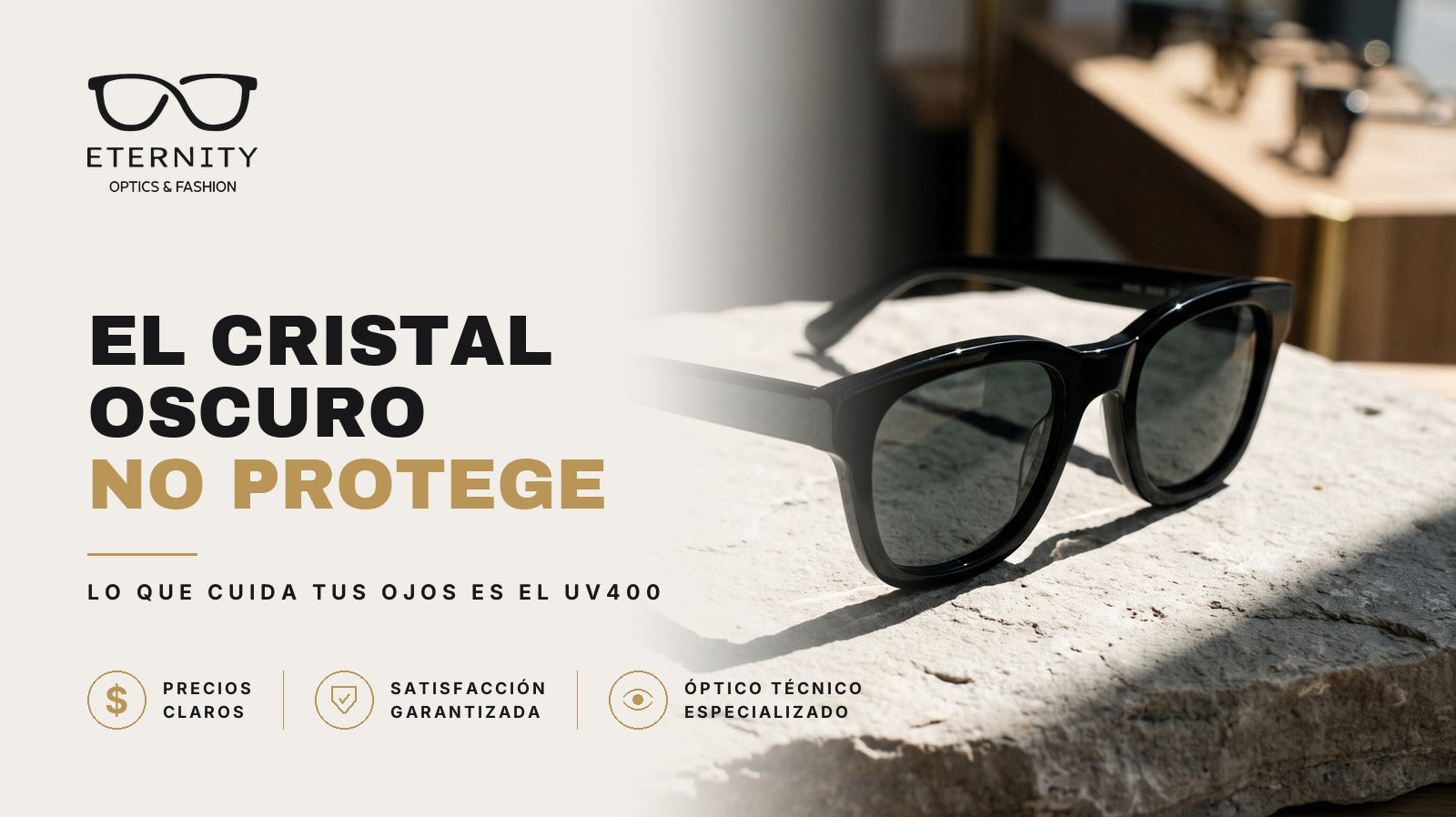 Lentes de sol con cristal oscuro en primer plano bajo luz de estudio, en la nota de Eternity Óptica sobre por qué lo que cuida tus ojos es la protección UV400 y no el tono del cristal.