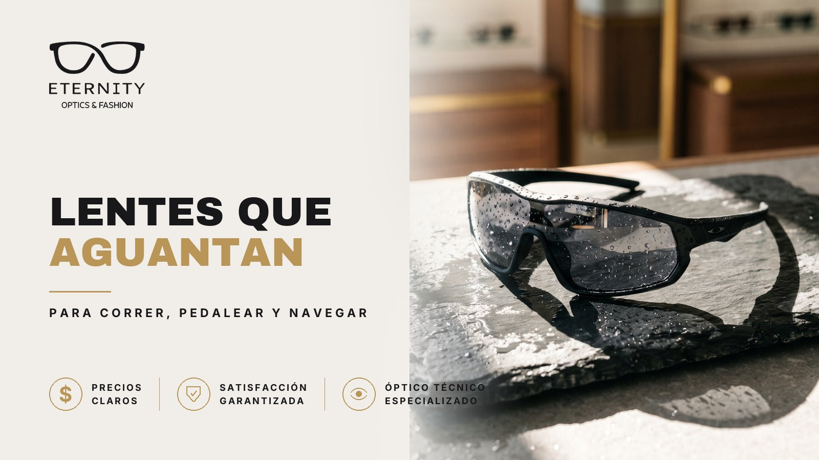 Lentes deportivos envolventes en primer plano con luz de estudio, en la nota de Eternity Óptica sobre lentes que aguantan para correr, pedalear y navegar.