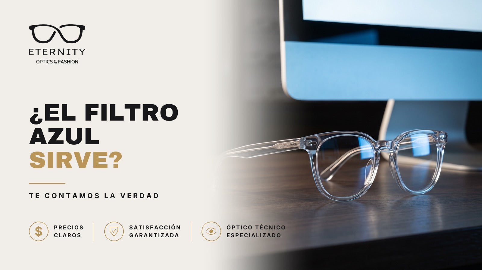 Lentes con cristales de filtro de luz azul en primer plano bajo luz de estudio, en la nota de Eternity Óptica sobre si el filtro azul realmente sirve.