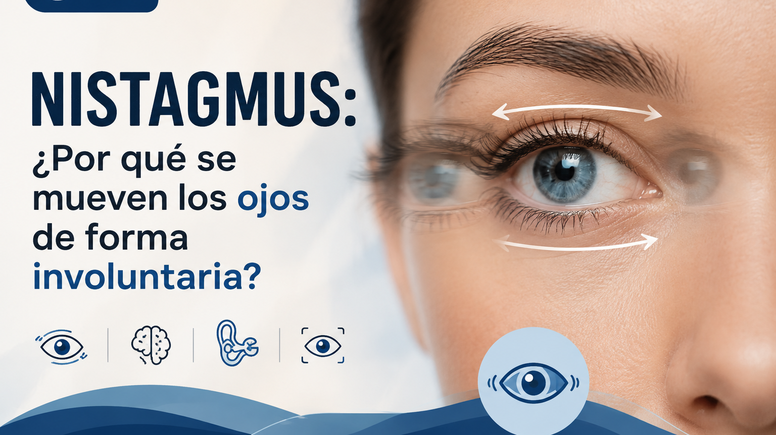 Ilustración de un ojo azul con flechas de movimiento e íconos de ojo, cerebro y oído interno, portada del artículo de Eternity Óptica sobre el nistagmus: por qué se mueven los ojos de forma involuntaria.