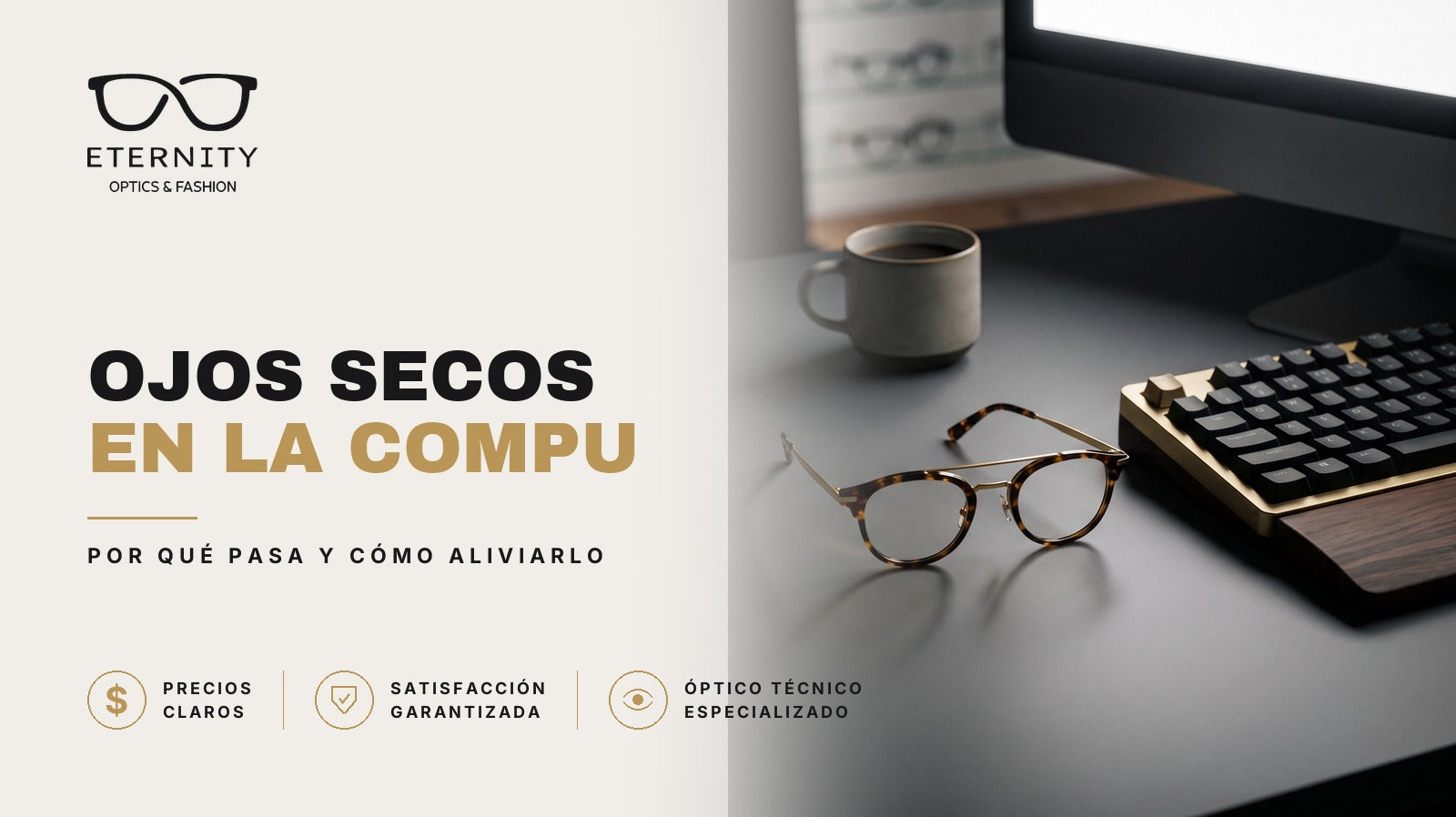 Armazón de lentes para uso frente a la computadora en primer plano con luz de estudio, en la nota de Eternity Óptica sobre por qué se te secan los ojos en la compu y cómo aliviarlo.
