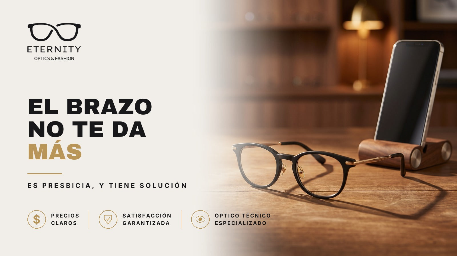Armazón de lentes multifocales en primer plano con luz de estudio, en la nota de Eternity Óptica sobre la vista cansada y la presbicia.
