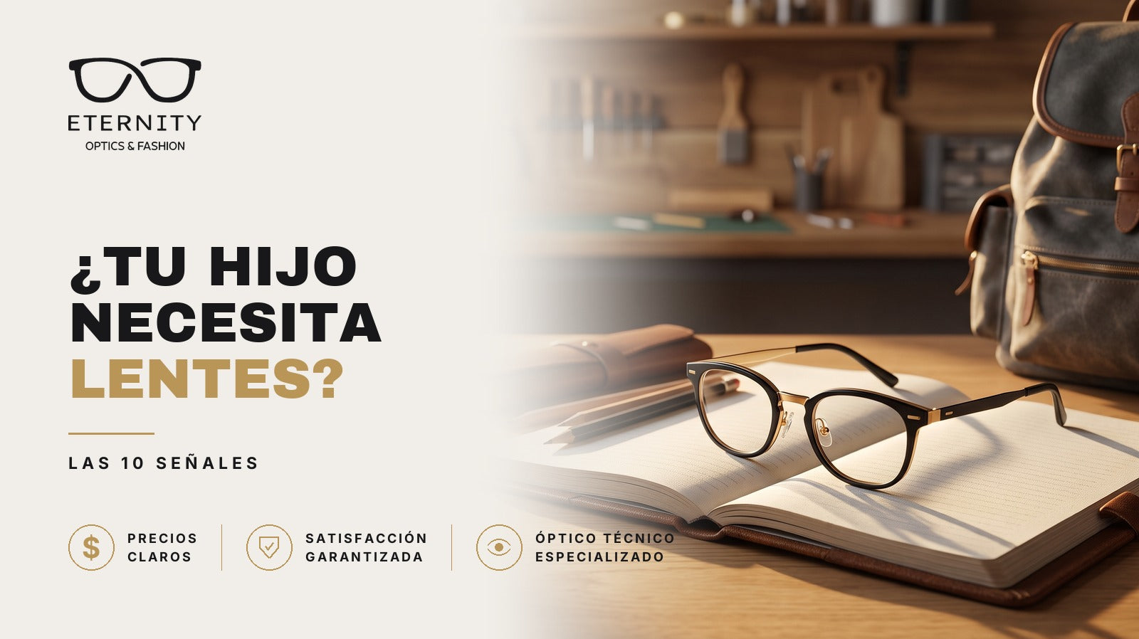 Armazón de lentes premium en primer plano con luz de estudio, portada del artículo de Eternity Óptica con las 10 señales de que tu hijo puede necesitar lentes.
