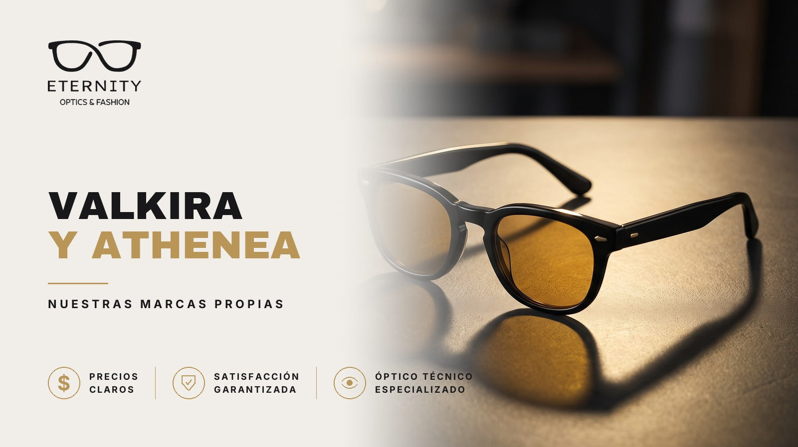 Portada de Eternity Óptica sobre sus marcas propias Valkira y Athenea: lentes de sol de armazón negro con cristales ámbar, en primer plano con luz cálida de estudio y sombra marcada.