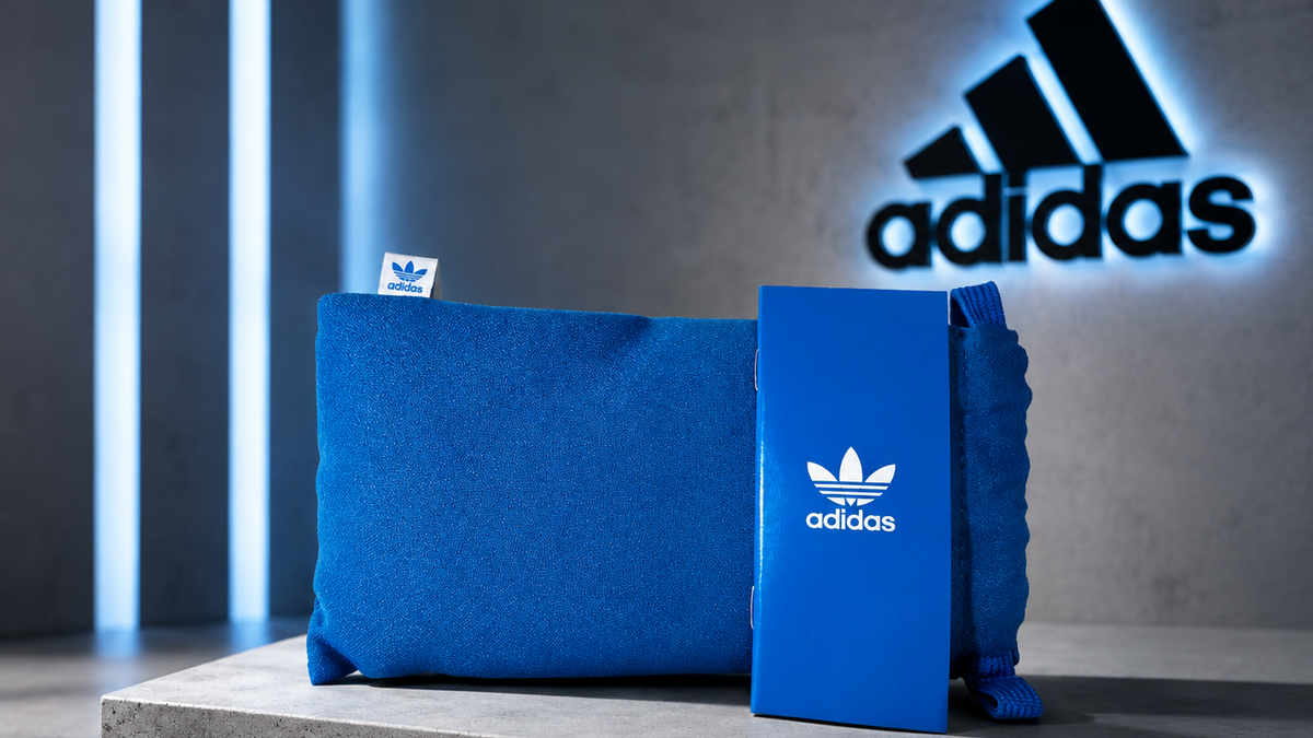 Packaging adidas: estuche de tela azul y caja azul con el logo adidas