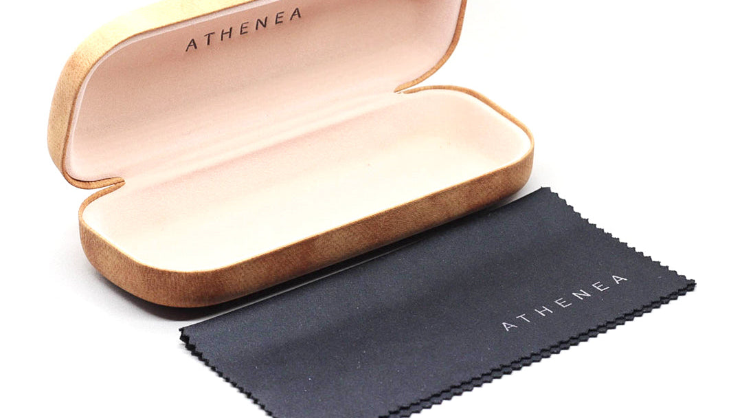 Estuche rígido Athenea beige abierto, con paño de microfibra negro