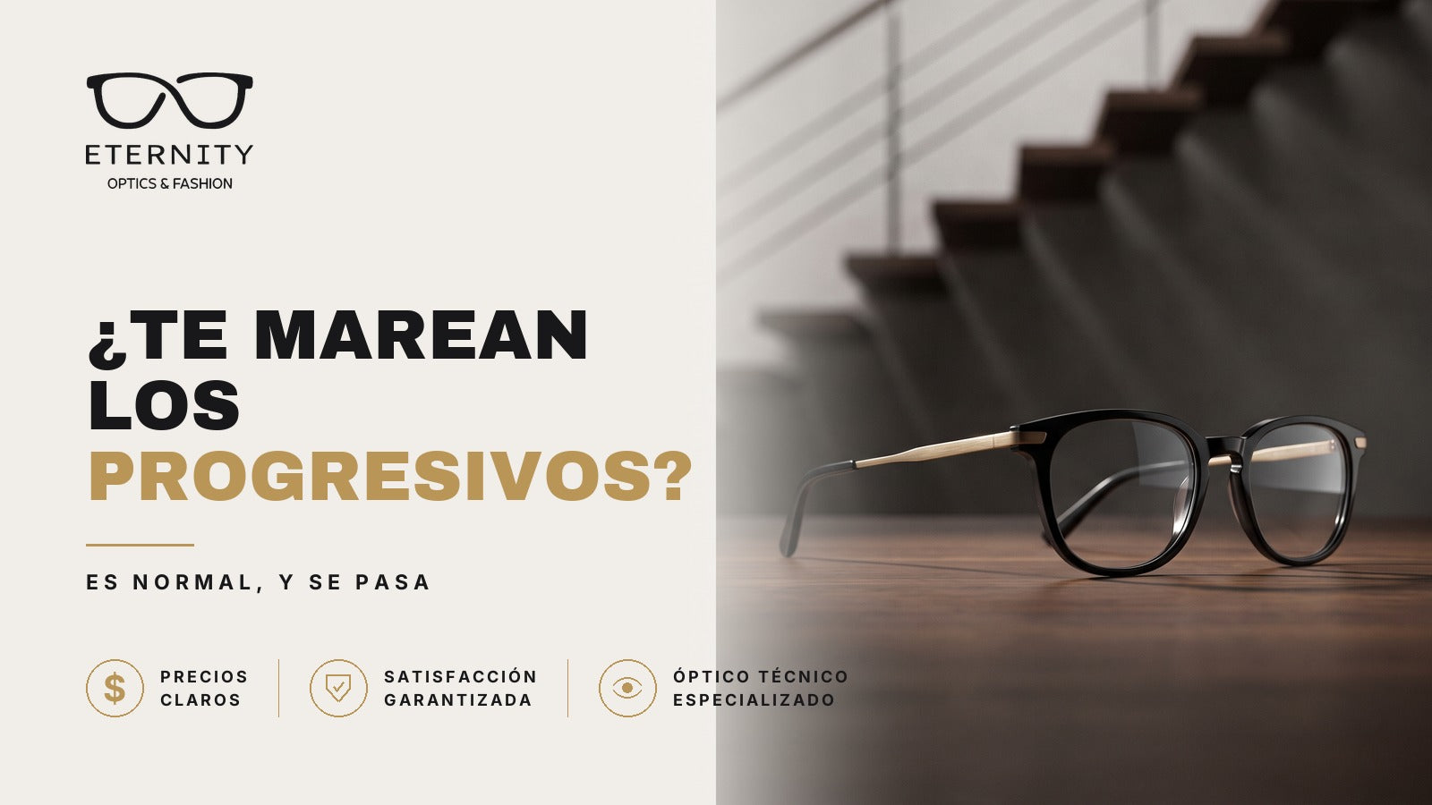 Armazón de lentes premium en primer plano con luz de estudio, portada del artículo de Eternity Óptica sobre la adaptación a los lentes progresivos: por qué marean al principio y cómo se pasa.