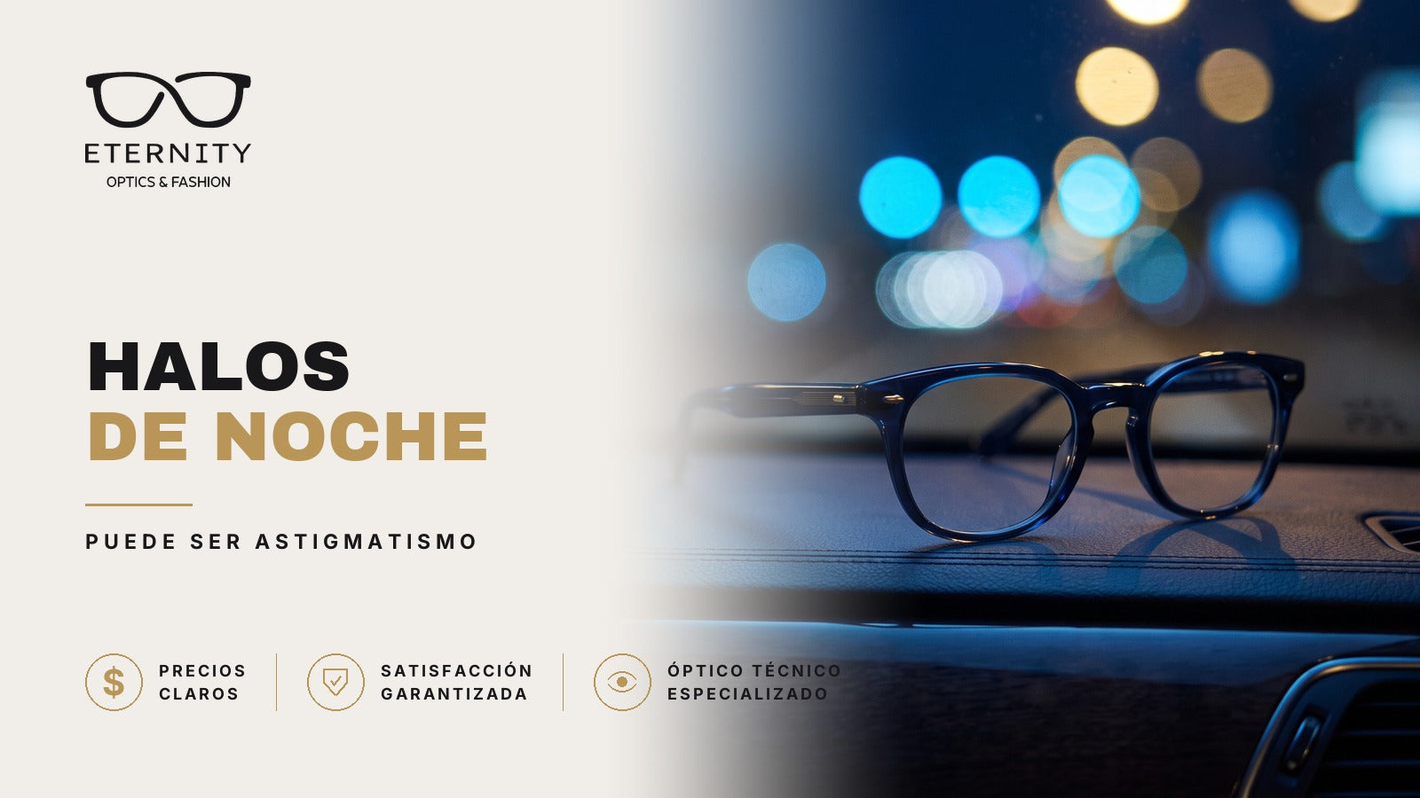 Lentes con cristales graduados en primer plano bajo luz de estudio, en la nota de Eternity Óptica sobre los halos de noche y el astigmatismo.