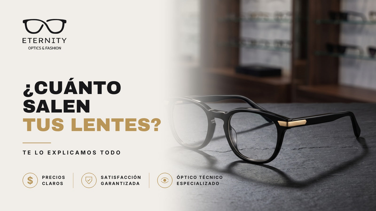 Portada de Eternity Óptica sobre cuánto salen unos lentes en Uruguay: armazón negro con detalle dorado en las varillas, en primer plano sobre una superficie de piedra, con la vitrina de la óptica desenfocada al fondo.