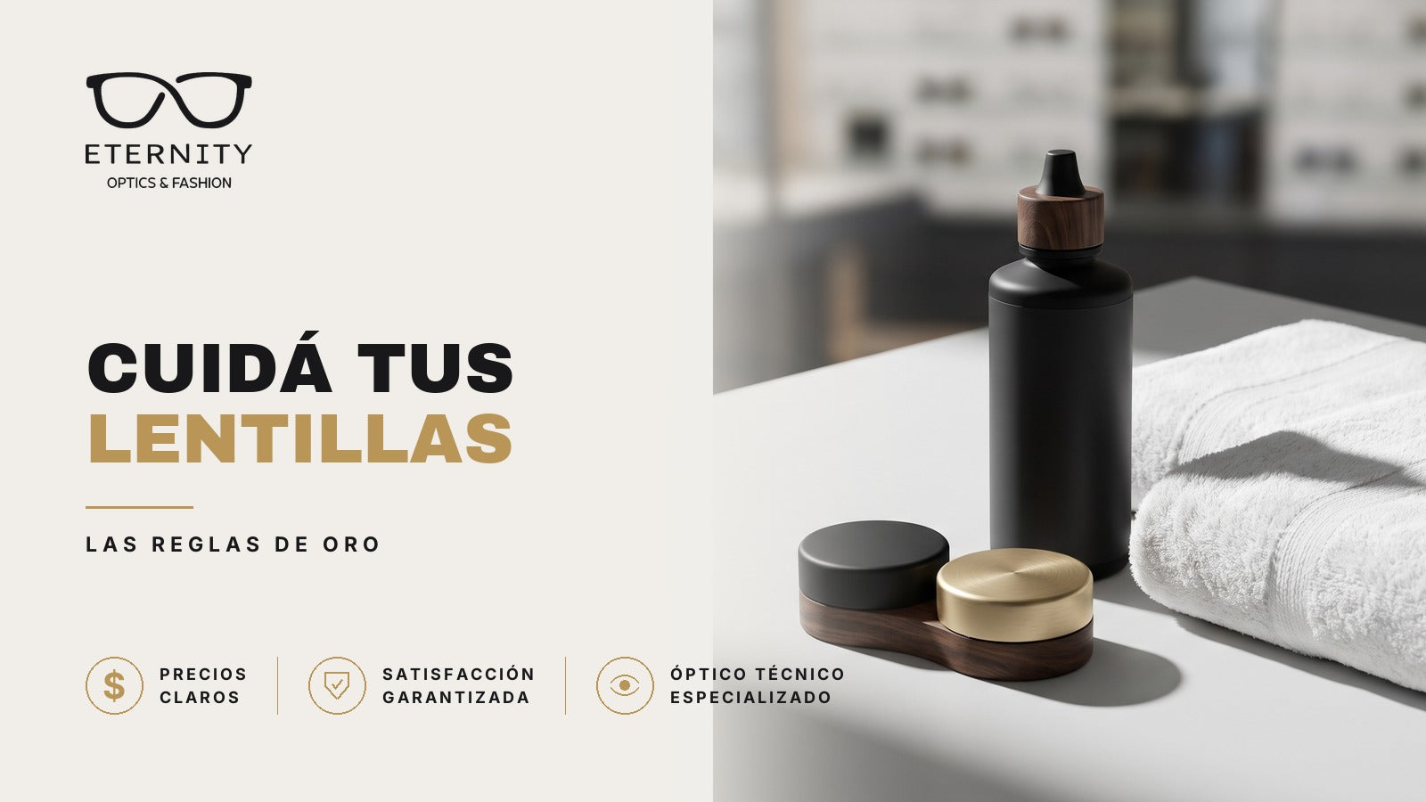 Lentes premium en primer plano con luz de estudio, portada del artículo de Eternity Óptica con las reglas de oro para cuidar e higienizar bien los lentes de contacto.