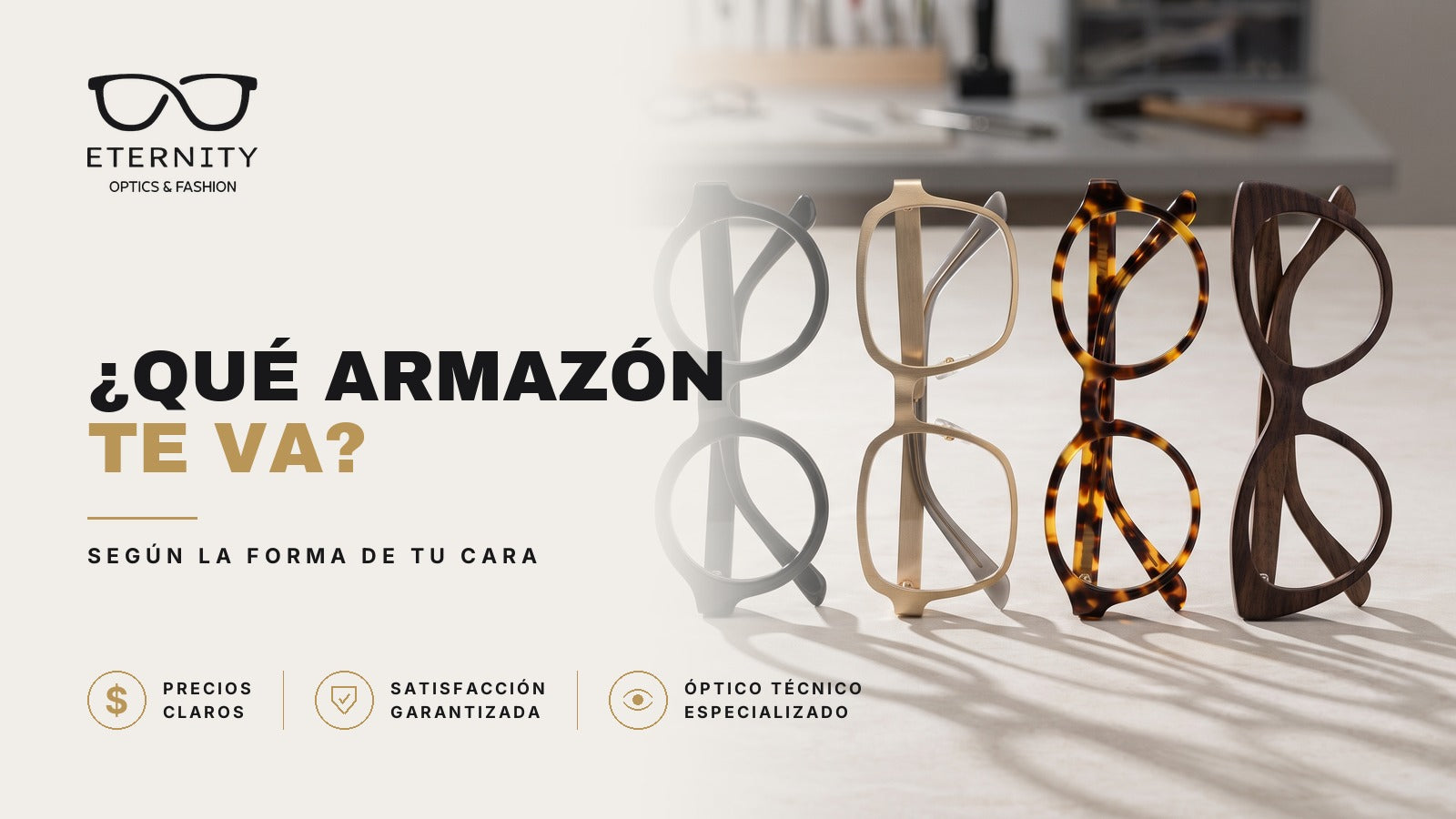 Armazón de lentes premium en primer plano con luz de estudio, portada del artículo de Eternity Óptica sobre cómo elegir el armazón que mejor te queda según la forma de tu cara.