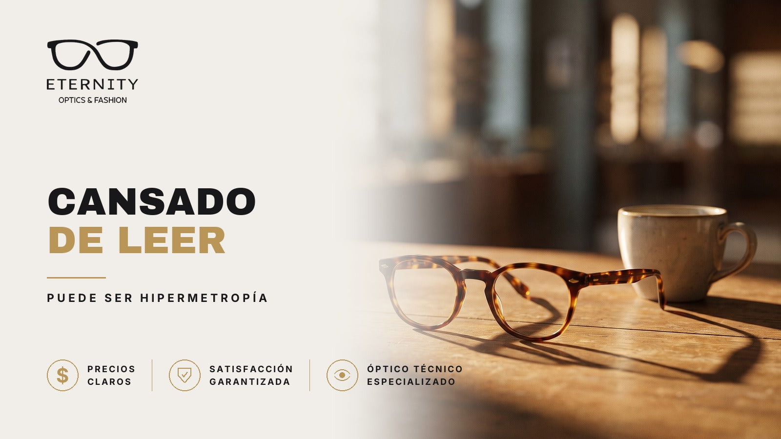 Armazón de lentes para leer en primer plano con luz de estudio, en la nota de Eternity Óptica sobre el cansancio al leer de cerca y la hipermetropía.