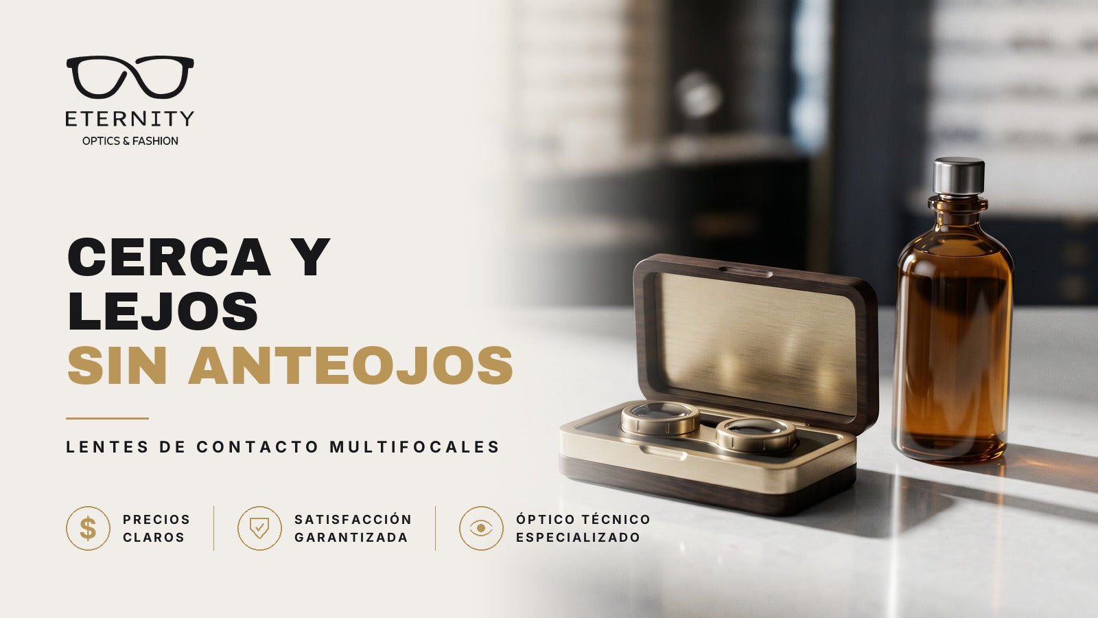 Lentes premium fotografiados en primer plano con luz de estudio, portada del artículo de Eternity Óptica sobre lentes de contacto multifocales: ver de cerca y de lejos sin anteojos.