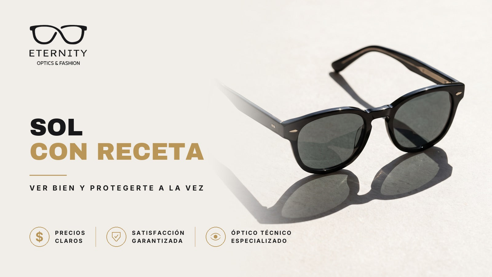 Portada de Eternity Óptica: lentes de sol de acetato negro con cristales verdes, en primer plano con luz de estudio y sombra marcada. Nota sobre lentes de sol con receta, para ver bien y protegerte a la vez.