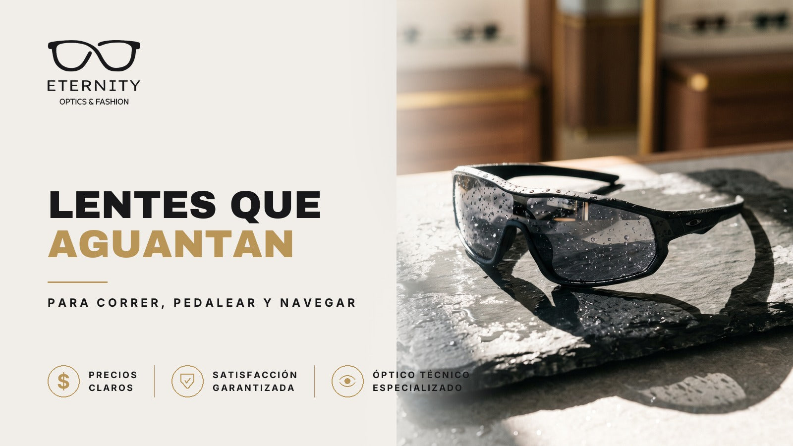 Lentes deportivos envolventes en primer plano con luz de estudio, en la nota de Eternity Óptica sobre lentes que aguantan para correr, pedalear y navegar.