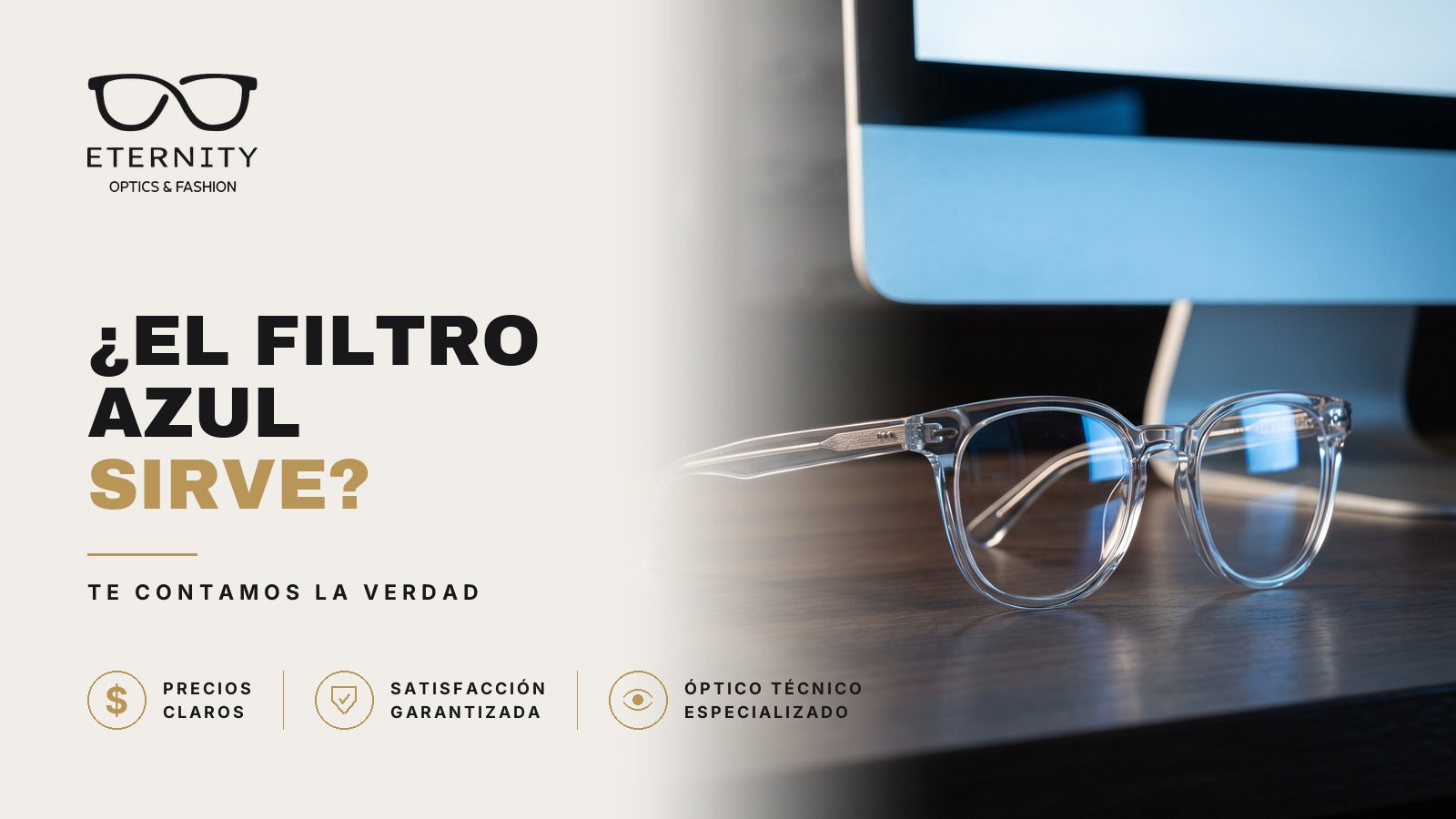 Lentes con cristales de filtro de luz azul en primer plano bajo luz de estudio, en la nota de Eternity Óptica sobre si el filtro azul realmente sirve.