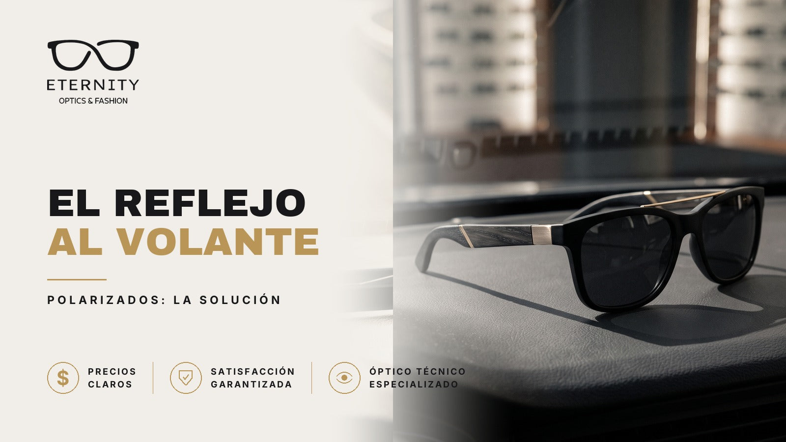 Lentes de sol polarizados en primer plano bajo luz de estudio, en la nota de Eternity Óptica sobre cómo eliminar el reflejo al volante cuando manejás.
