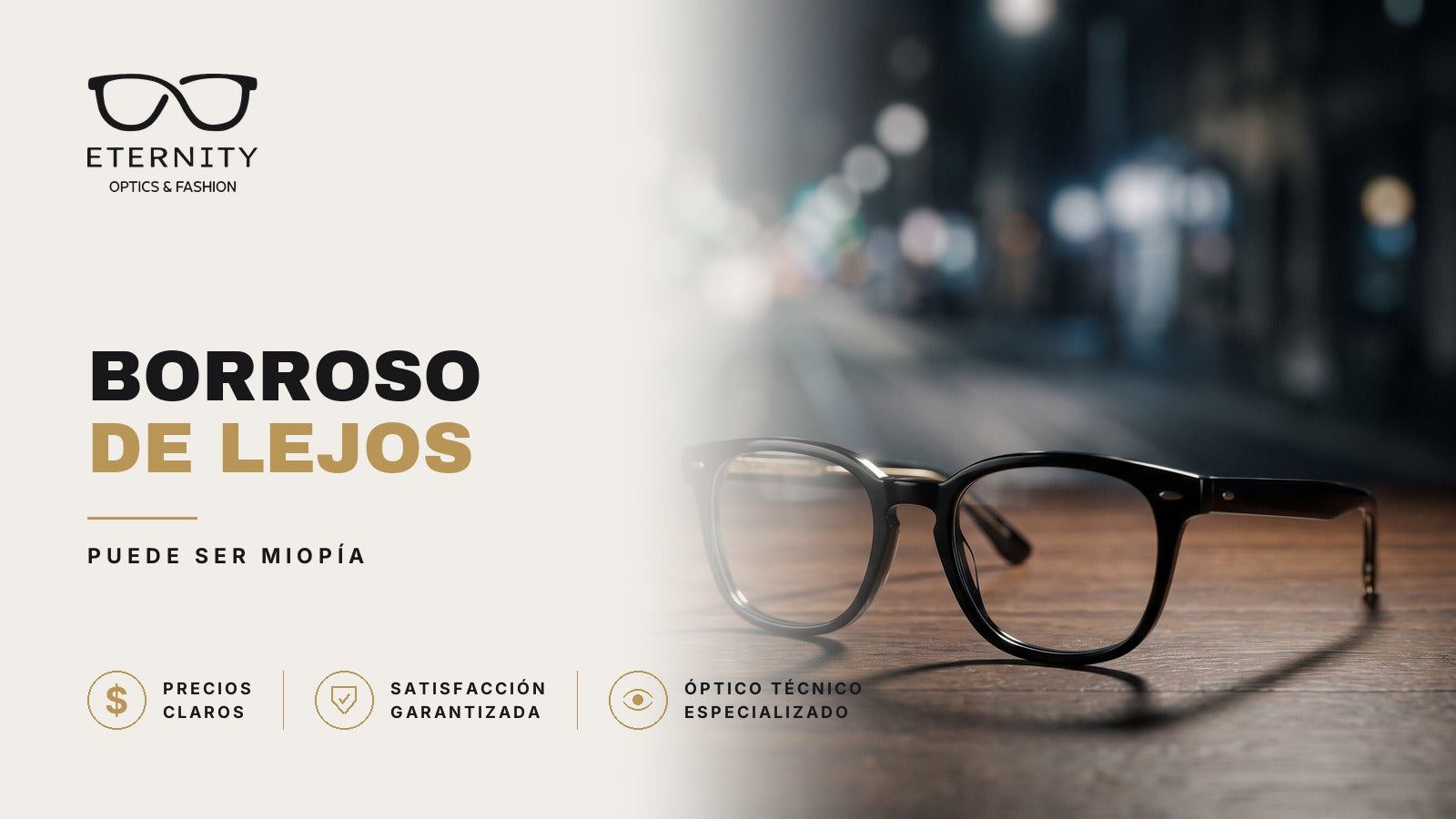 Armazón de lentes recetados en primer plano con luz de estudio, en la nota de Eternity Óptica sobre ver borroso de lejos y la miopía.