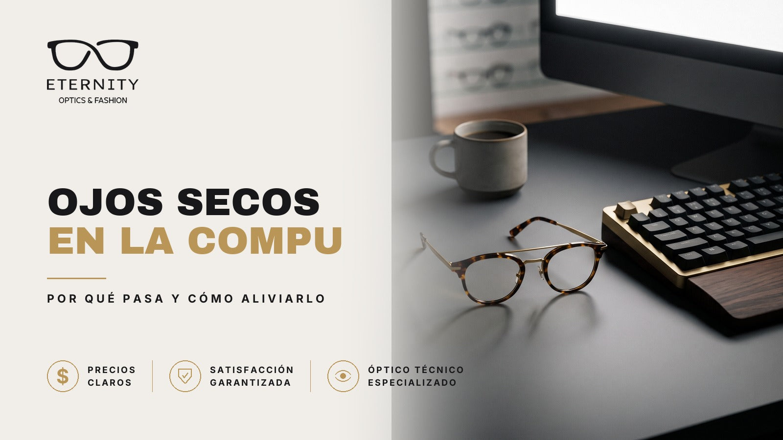 Armazón de lentes para uso frente a la computadora en primer plano con luz de estudio, en la nota de Eternity Óptica sobre por qué se te secan los ojos en la compu y cómo aliviarlo.