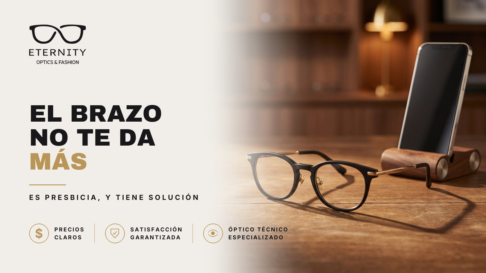 Armazón de lentes multifocales en primer plano con luz de estudio, en la nota de Eternity Óptica sobre la vista cansada y la presbicia.