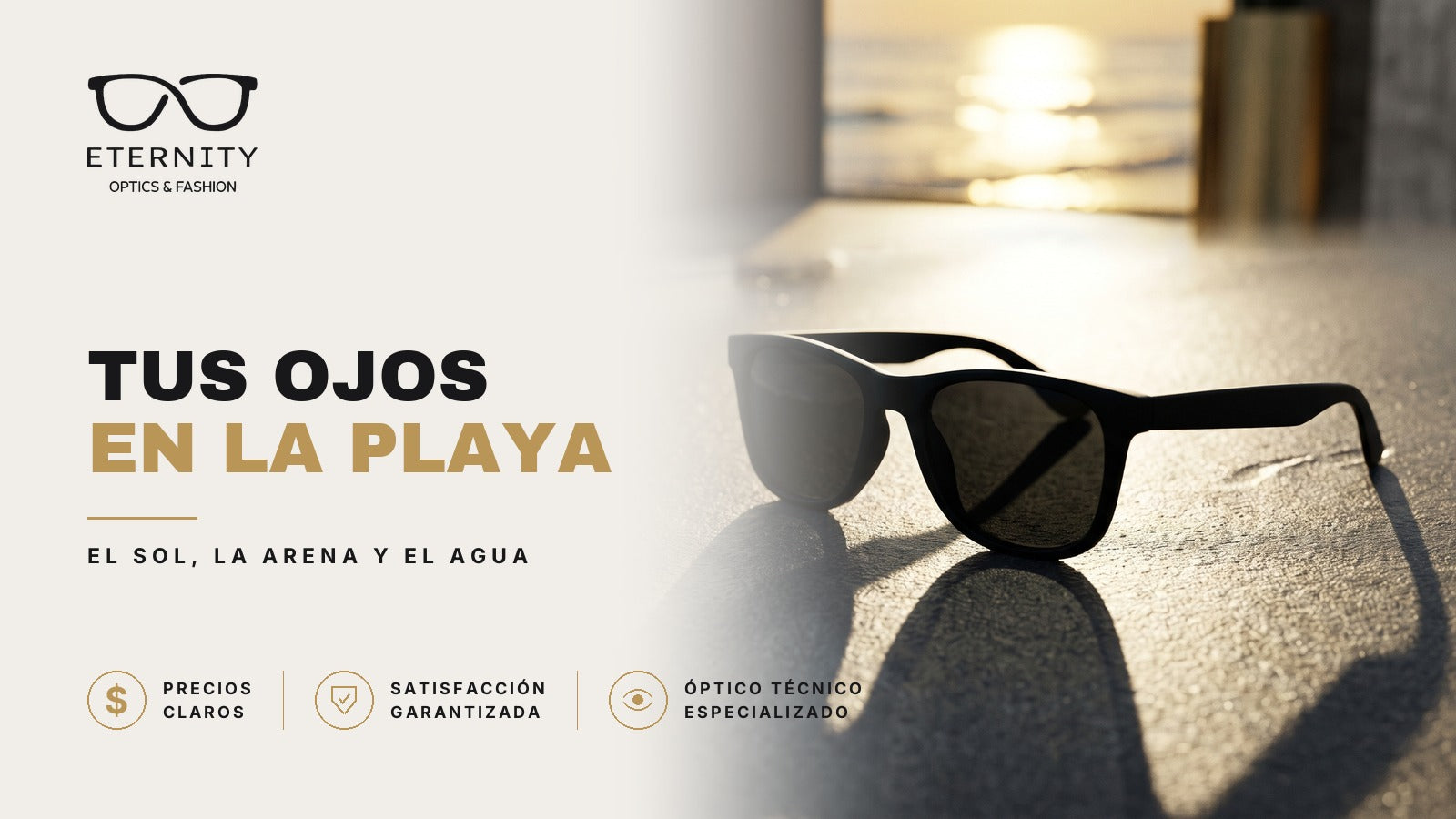 Lentes de sol en primer plano bajo luz de estudio, en la nota de Eternity Óptica sobre cómo proteger tus ojos en la playa del sol, la arena y el agua.