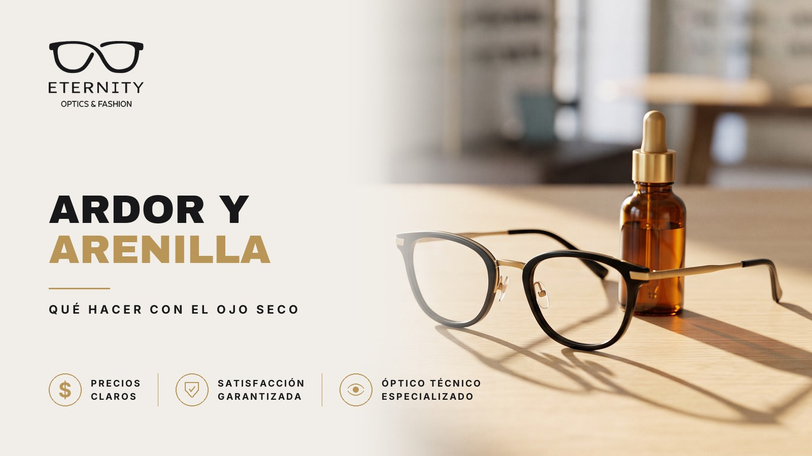 Lentes premium en primer plano con luz de estudio, portada del artículo de Eternity Óptica sobre el síndrome del ojo seco: ardor, sensación de arenilla y qué hacer para aliviarlo.