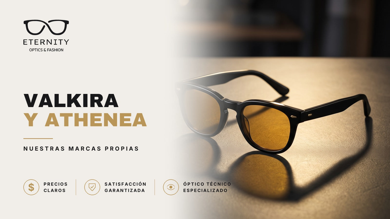 Portada de Eternity Óptica sobre sus marcas propias Valkira y Athenea: lentes de sol de armazón negro con cristales ámbar, en primer plano con luz cálida de estudio y sombra marcada.