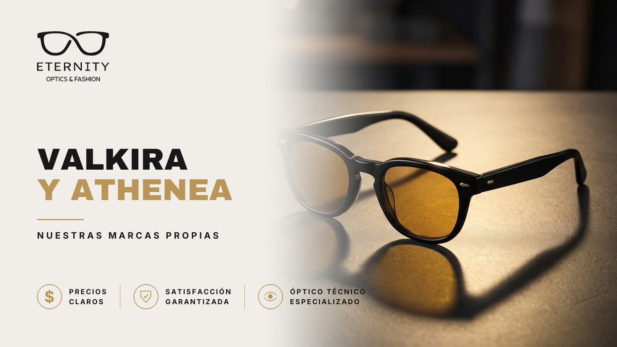 Portada de Eternity Óptica sobre sus marcas propias Valkira y Athenea: lentes de sol de armazón negro con cristales ámbar, en primer plano con luz cálida de estudio y sombra marcada.