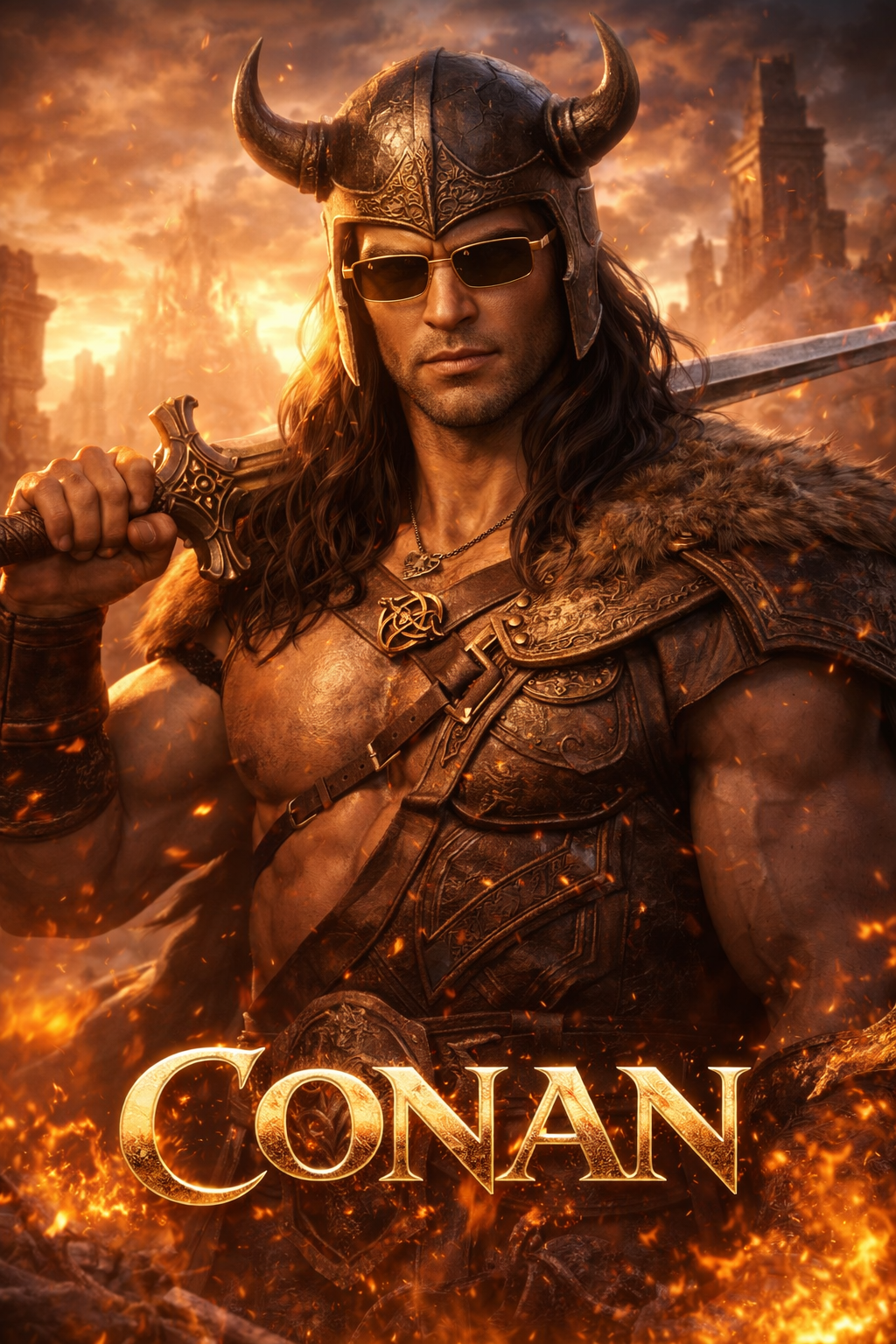 Placa promocional del modelo Conan: guerrero con lentes de sol rectangulares