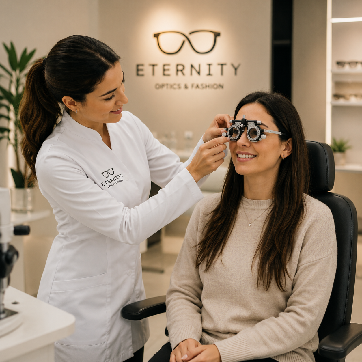 Óptica de Eternity ajustando el armazón de prueba a una clienta durante la consulta