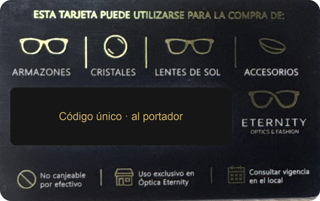 Dorso de la Gift Card Eternity con sus condiciones